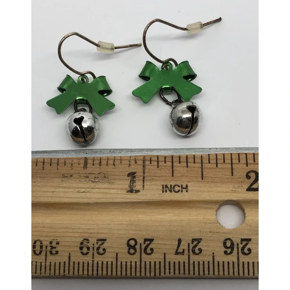 CHRISTMAS SILVER JINGLE BELLS, GREEN BOW FISH‎ HOOK BACK EARRINGS-SIZE SMALL
